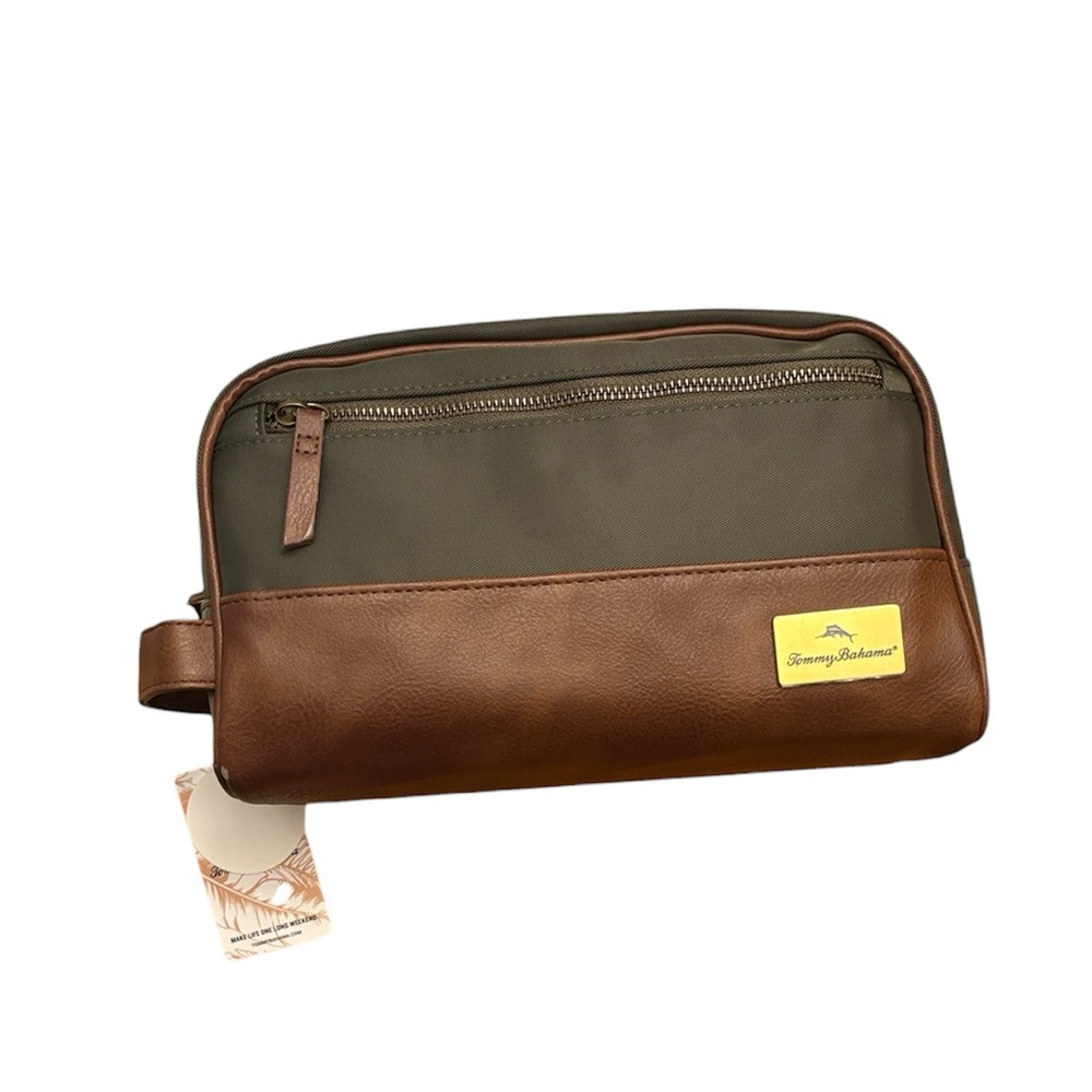 Tommy Bahama Toiletry Bag in Forest Green with a Brown Leather Base